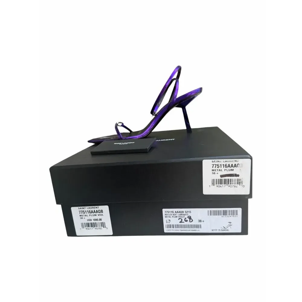 Saint Laurent Kitty 75 Metallic Plum Violet Sandals Heels 38.5 NIB